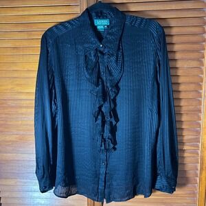 Lauren Ralph Lauren 100% Silk Ruffle Front Blouse Black Old Money 14 W Plus